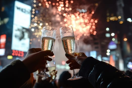 Two hands clink champagne glasses amidst a fireworks display in a bustling city during New Years Eve festivities.