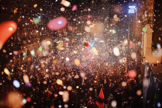 A vibrant crowd gathers in the street celebrating with colorful confetti falling while lights illuminate the festivities at night.