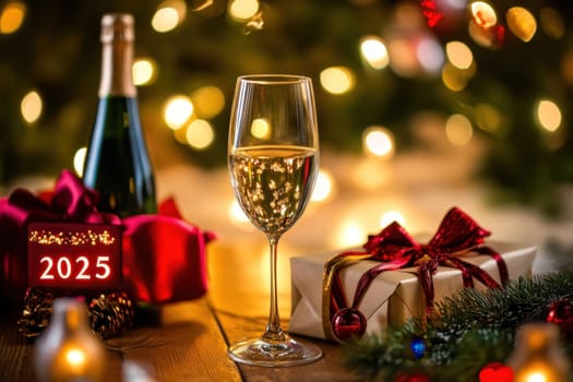 A toast for the New Year features a glass of sparkling drink beside festive presents and a bottle radiating holiday cheer.