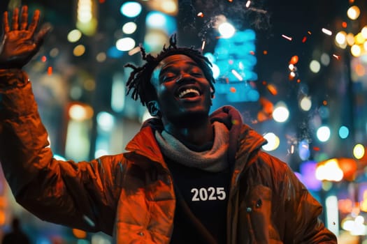 A joyful man raises his hand amidst colorful city lights while celebrating New Years Eve and welcoming the new year with laughter.