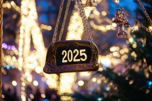 A decorative 2025 sign hangs among bright lights during a joyful New Year celebration in a vibrant location with trees.