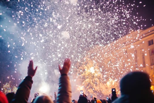 Crowds gather under a starry sky as snowflakes and confetti fill the air during a vibrant winter celebration at night.
