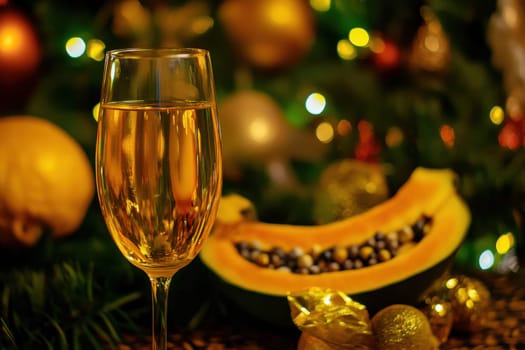 A glass of sparkling beverage rests on a table surrounded by festive decorations and a fresh papaya fruit cut in half.