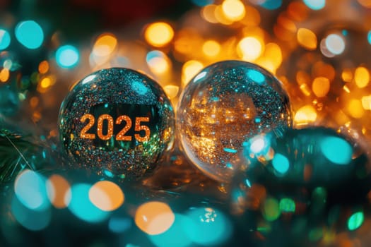 Brightly lit ornaments with the year 2025 shimmer among festive decorations creating a joyful holiday atmosphere.