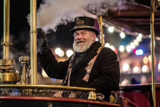 A man wearing a festive hat smiles while operating a steam powered vehicle amid colorful lights during new year celebrations.