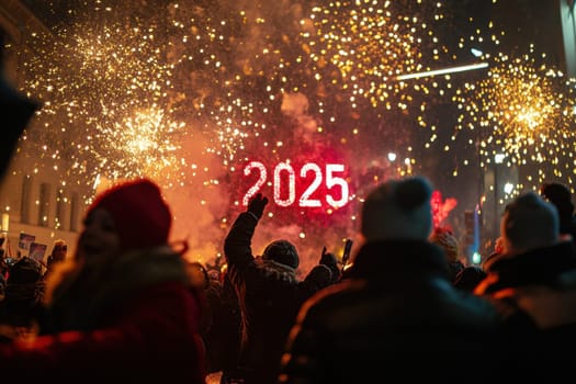 People gather joyfully to celebrate New Years Eve with fireworks illuminating the night sky and a vibrant countdown to the new year.