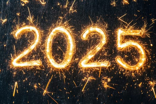 The year 2025 is showcased with bright sparklers on a dark background capturing a festive atmosphere for the New Year celebration.