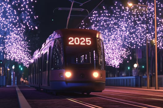 A tram rolls through a beautifully lit street as vibrant lights decorate the trees marking a lively night atmosphere for the year ahead.
