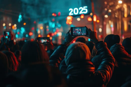 A large crowd gathers in a lively urban setting capturing the countdown to 2025 with phones held high and colorful lights illuminating the scene.