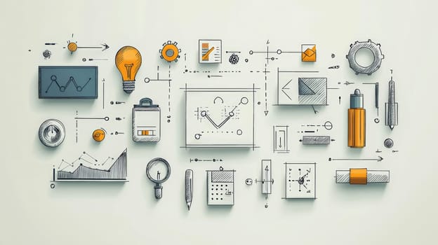 A minimalistic, hand-drawn diagram representing the iterative design process. The graphic is composed of simple, clear shapes and arrows that illustrate each step, capturing the flow from ideation to testing and refinement in a continuous loop.