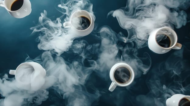 An aerial shot of levitating coffee cups with steam