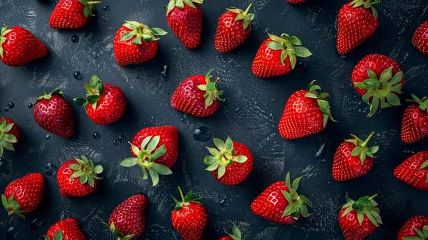 Artistic layout pattern of levitating strawberries on a dark background