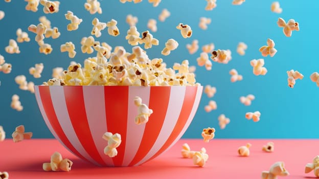 Bold and colorful poster design with a spinning bowl of popcorn