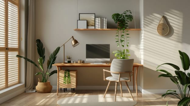 An uncluttered home office with minimalist furnishings and neutral color palette