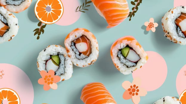 Boho-chic layout pattern of floating sushi rolls in a bohemian arrangement