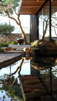 Calm waters reflect a peaceful meditation space