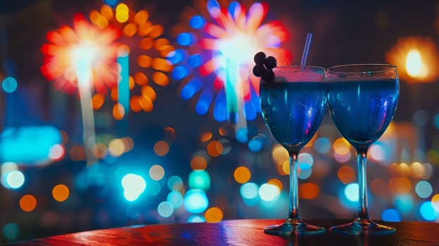 Bold silhouette of levitating glasses of blueberry smoothie with fireworks