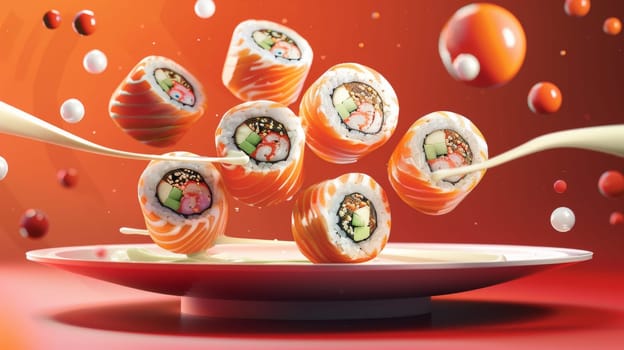 Artistic poster highlighting a spinning plate of sushi rolls