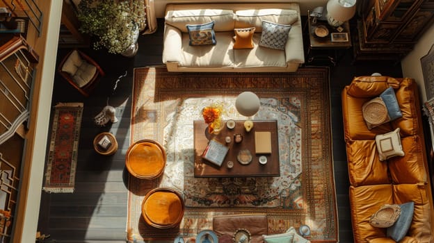 Bird's-eye view showcasing meticulously arranged interior decor elements