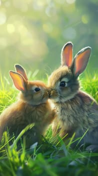 Chubby baby rabbits nibbling on tender grass in sunny meadows, their soft fur gleaming in the sunlight