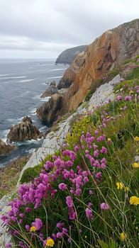 Coastal cliffs adorned with vibrant wildflowers