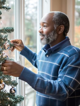 Dad and son decorating the Christmas tree . AI generative.