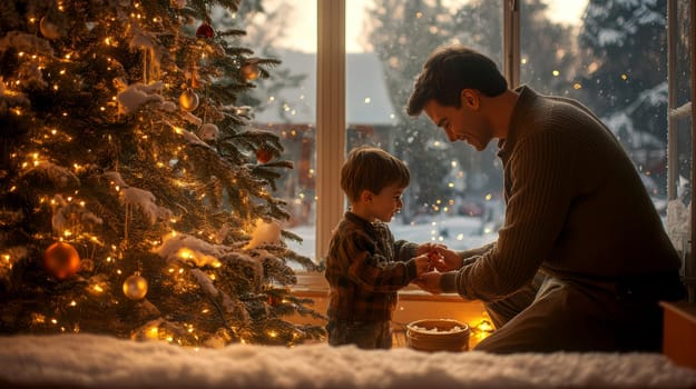 Dad and son decorating the Christmas tree . AI generative.