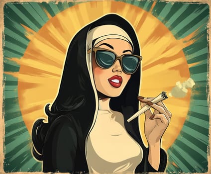 Woman dressed as nun smoking marijuana. AI generative.