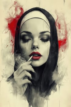 Woman dressed as nun smoking marijuana. AI generative.