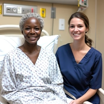 patient in a hospital gown, lying on a modern hospital bed next to a smiling nurse standing. AI generative.