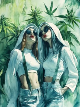 Woman dressed as nun smoking marijuana. AI generative.