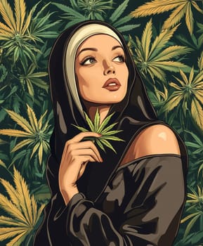 Woman dressed as nun smoking marijuana. AI generative.