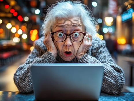 An elderly woman using a laptop computer AI generative.