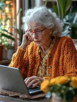 An elderly woman using a laptop computer AI generative.