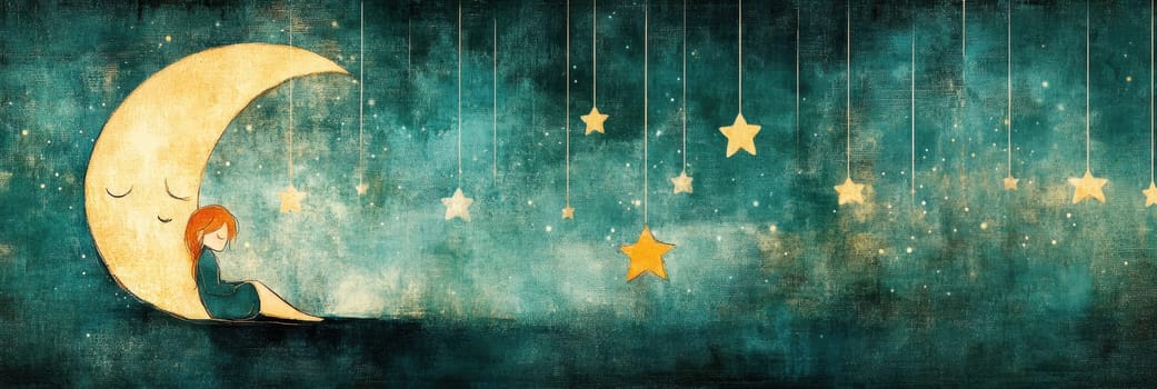 The image of the cute girl sleeping on the moon with stars suspended by thin threads . AI generative.