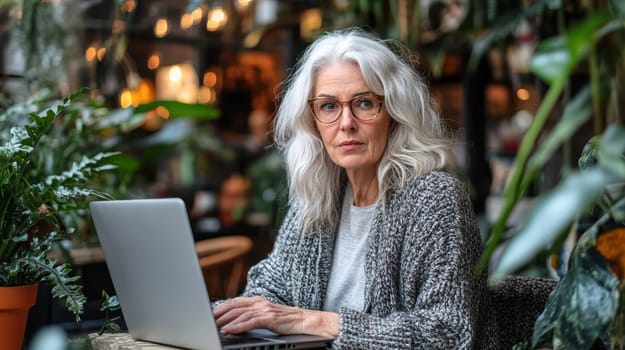 An elderly woman using a laptop computer AI generative.