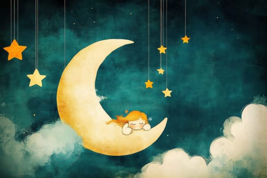 The image of the cute girl sleeping on the moon with stars suspended by thin threads . AI generative.