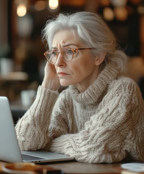 An elderly woman using a laptop computer AI generative.