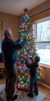 Dad and son decorating the Christmas tree . AI generative.