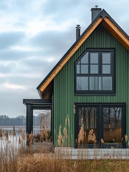 modern gabled house and landscape of the far north. AI generative.