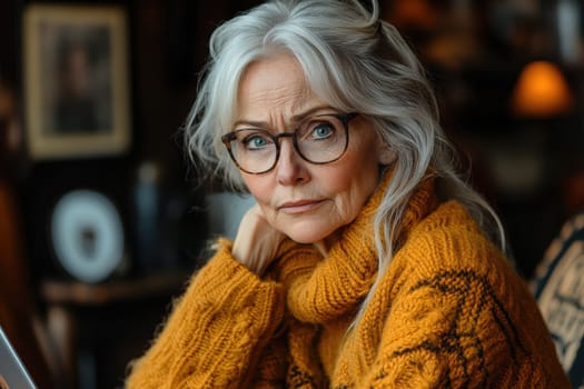 An elderly woman using a laptop computer AI generative.
