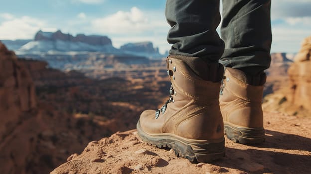 Sturdy hiking boots stand firmly on a cliff edge, highlighting the thrill and adventure of exploring rugged landscapes..