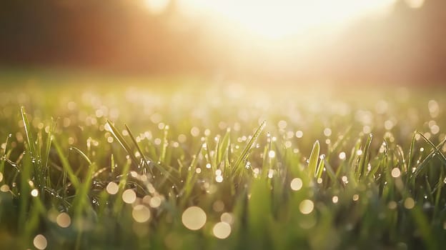 Morning dew glistens on green grass, illuminated by the warm light of sunrise, creating a serene scene.