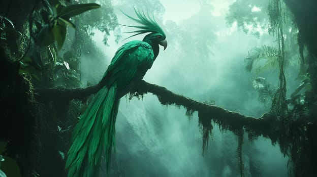 A vibrant green quetzal perched on a branch in a misty jungle, showcasing its majestic feathers.