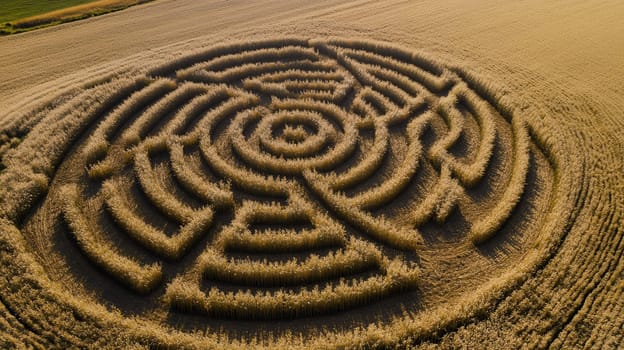 Aerial shot of a complex corn maze in a golden field, showcasing intricate patterns and design.