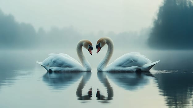 Two elegant swans gracefully float on a misty lake, their reflections forming a heart shape in the soft morning light.