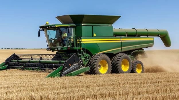 A large combine harvester efficiently collects wheat in a vast golden field under a clear blue sky.