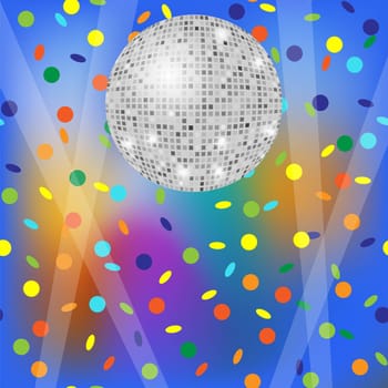 Vector disco ball with confetti pattern. Light snow. Colorful bright background. Dance party in a night club.
