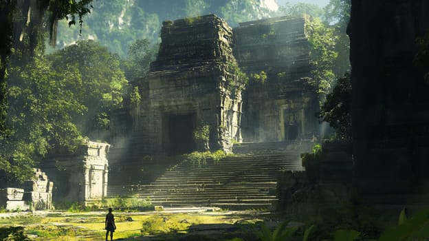 Mysterious ancient temple nestled within a lush jungle, illuminated by soft, dappled sunlight.