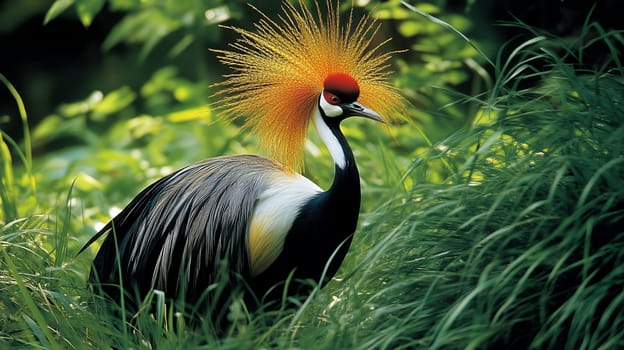 A regal crowned crane stands elegantly among lush greenery, its striking plumage and crown illuminated by the sun..